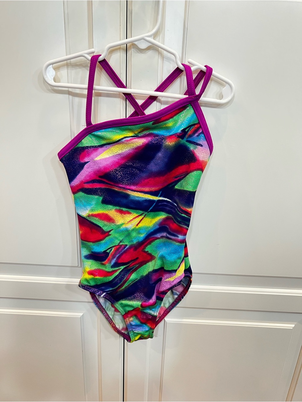Large Child Weissman Multi Color Shimmer Criss Cross Strap Leotard